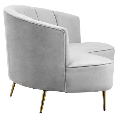 Hasna three seat grey velvet sofa with a curved tufted backrest and gold-tone legs in grey velvet upholstery