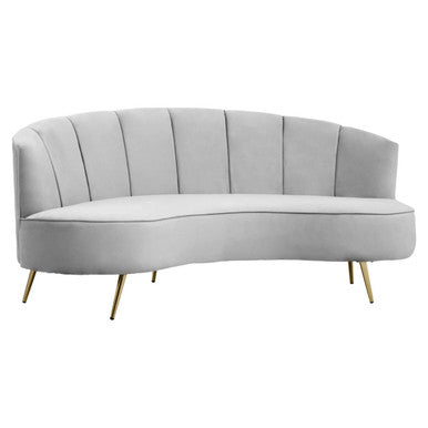 Hasna three seat grey velvet sofa with sleek curved design and gold tone legs perfect for stylish living rooms