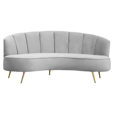 Hasna three seat grey velvet sofa with sleek curved design and gold tone legs perfect for stylish living rooms
