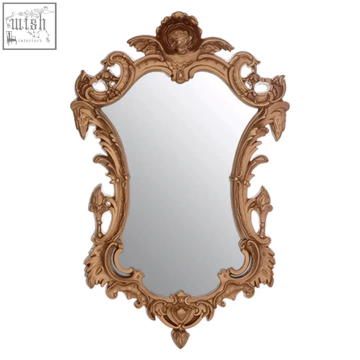 Hasse neo-classical gold finish wall mirror with ornate baroque-style carvings and decorative crest in gold finish