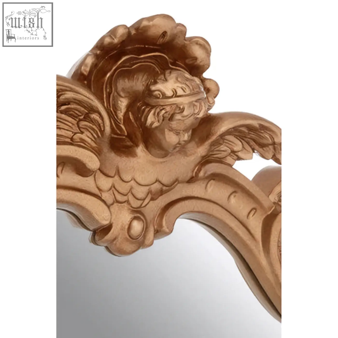 Hasse neo-classical gold finish wall mirror with ornate gold finish frame featuring an angelic face and scrollwork