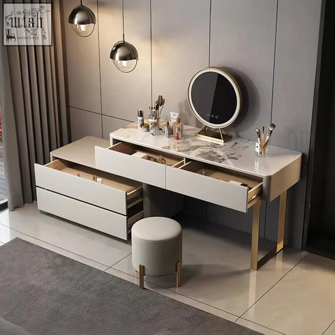 Modern white marble-top hastings corner dressing table with painted steel gold-tone legs and round illuminated mirror