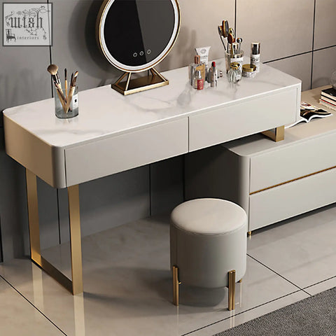 Hastings corner dressing table with painted steel gold-tone legs white marble top and round illuminated mirror