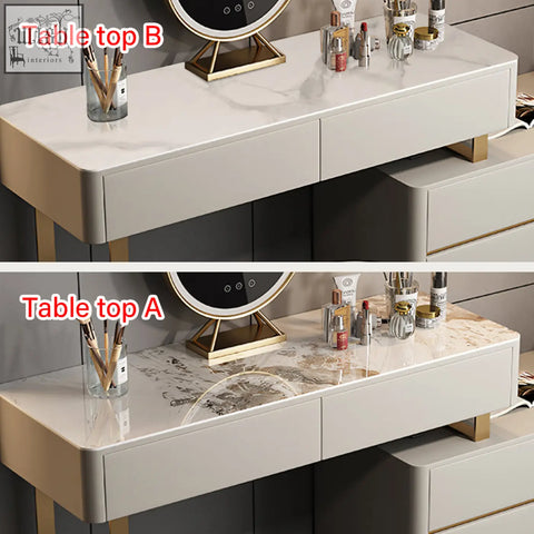 Hastings corner dressing table with sideboard and mirror featuring a marble top and gold painted steel legs and drawers