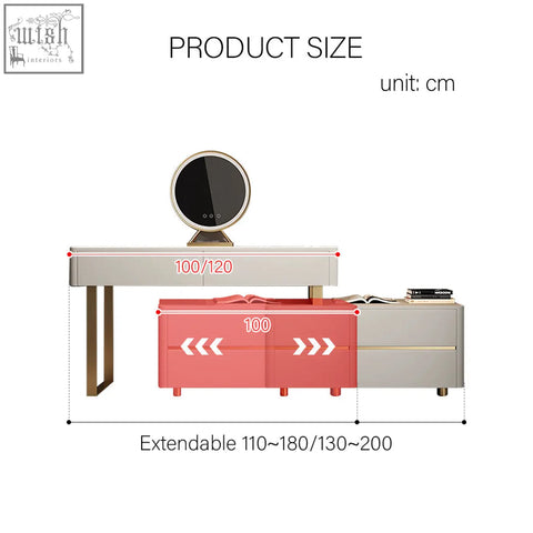 Modern hastings corner dressing table with sideboard mirroring a two-tone rose gold painted steel frame and drawers
