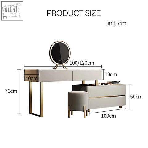 Modern hastings corner dressing table with sleek beige finish gold-toned painted steel legs and integrated circular mirror