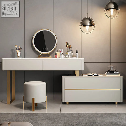 Modern white hastings corner dressing table with gold-tone painted steel legs and circular mirror mounted on top