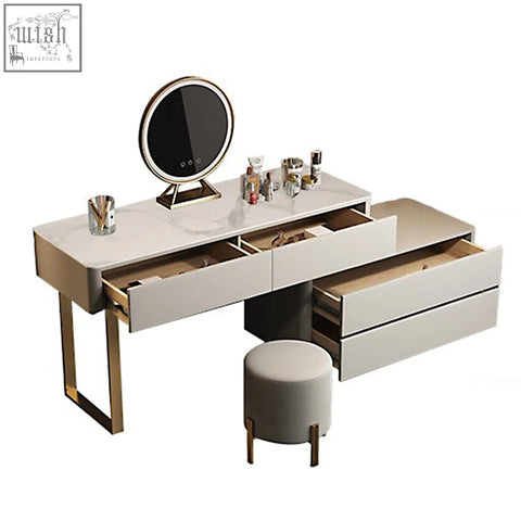 Hastings corner dressing table with modern white marble top and painted steel gold-tone legs and round illuminated mirror