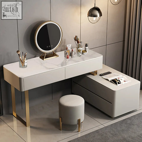 Hastings corner dressing table with painted steel gold-tone legs white marble top and circular led mirror