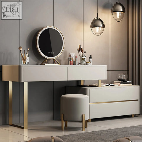 Modern white hastings corner dressing table with painted steel gold-tone legs and a circular led mirror above it