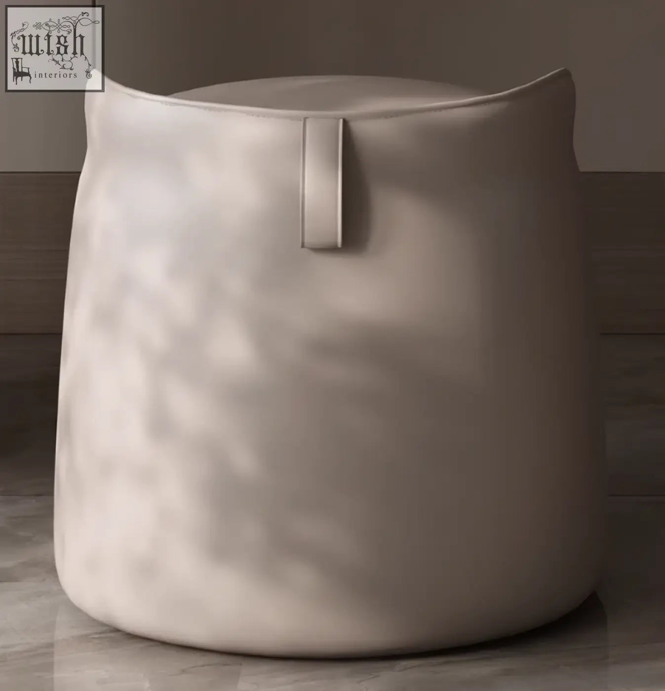 Beige upholstered ottoman with rounded shape and vertical strap detail paired with sintered stone dressing table shipping cost info