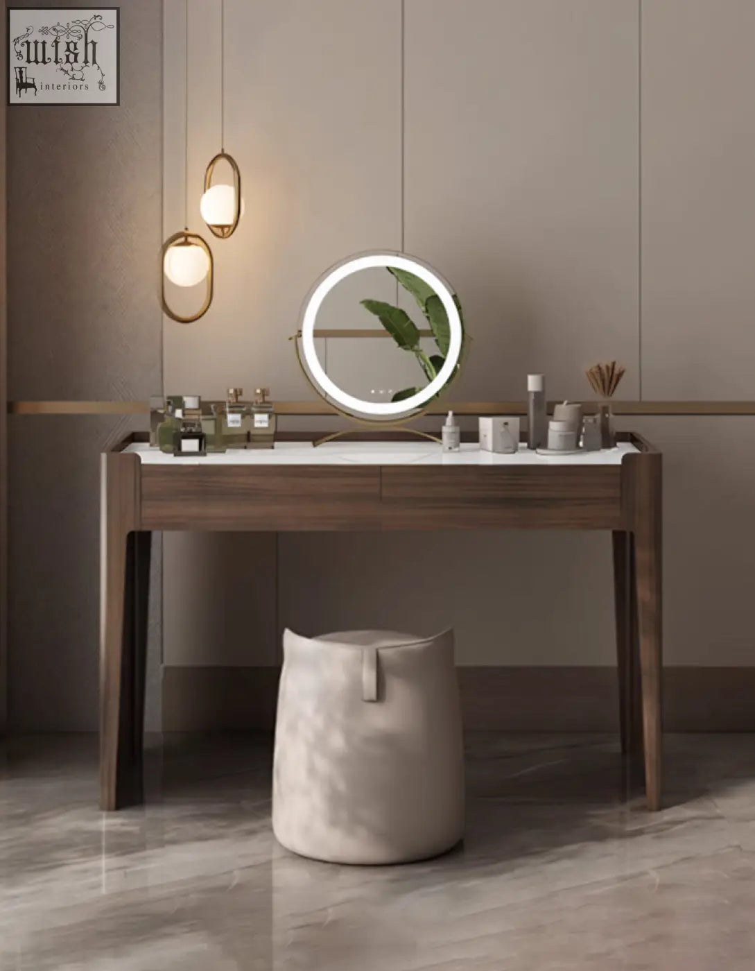 Circular vanity mirror with bright led light ring and minimalist frame on sintered stone dressing table with low shipping cost
