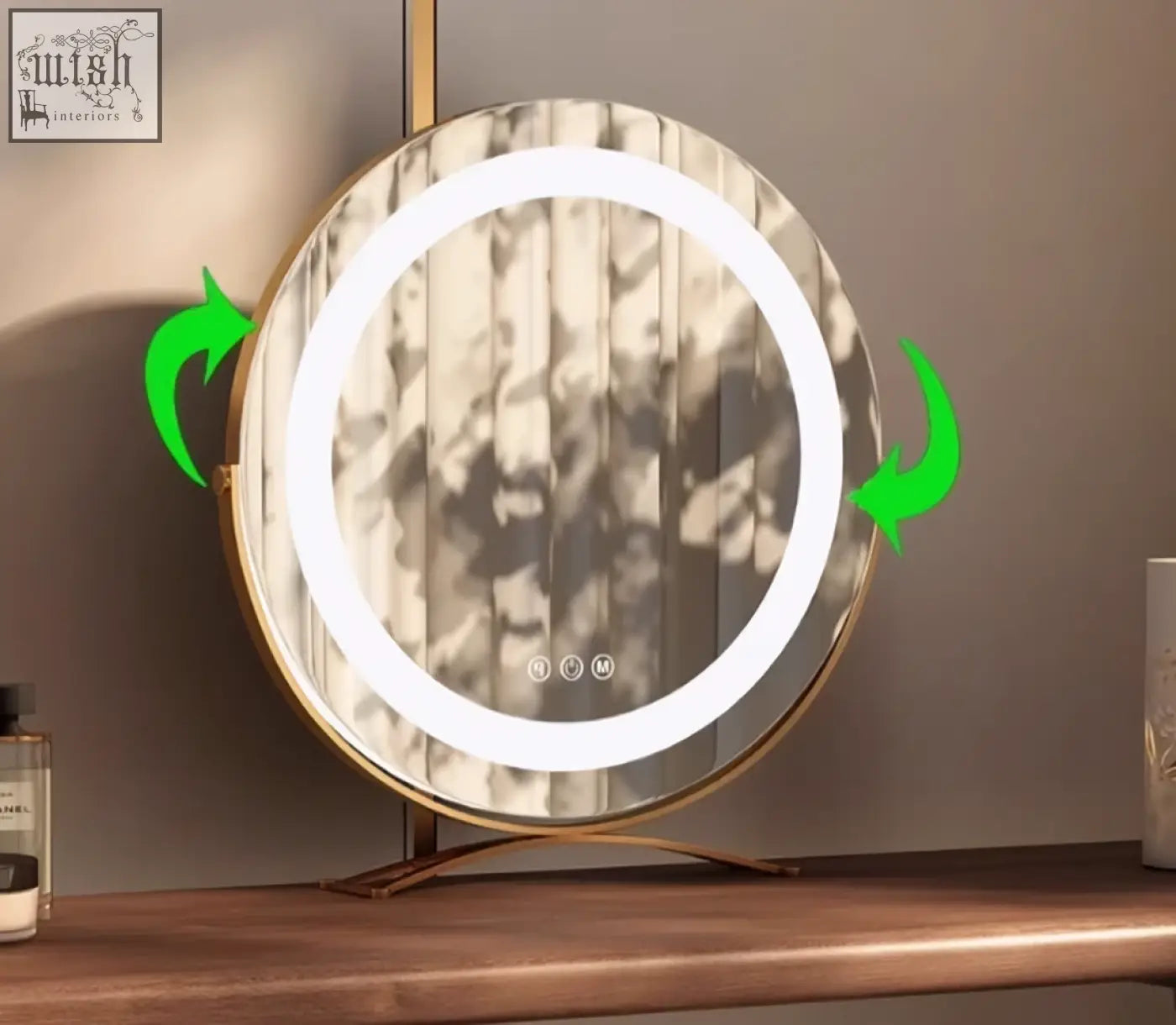 Circular vanity mirror with gold-toned frame and led ring on wood-grain hatcher dressing table with sintered stone offer financing