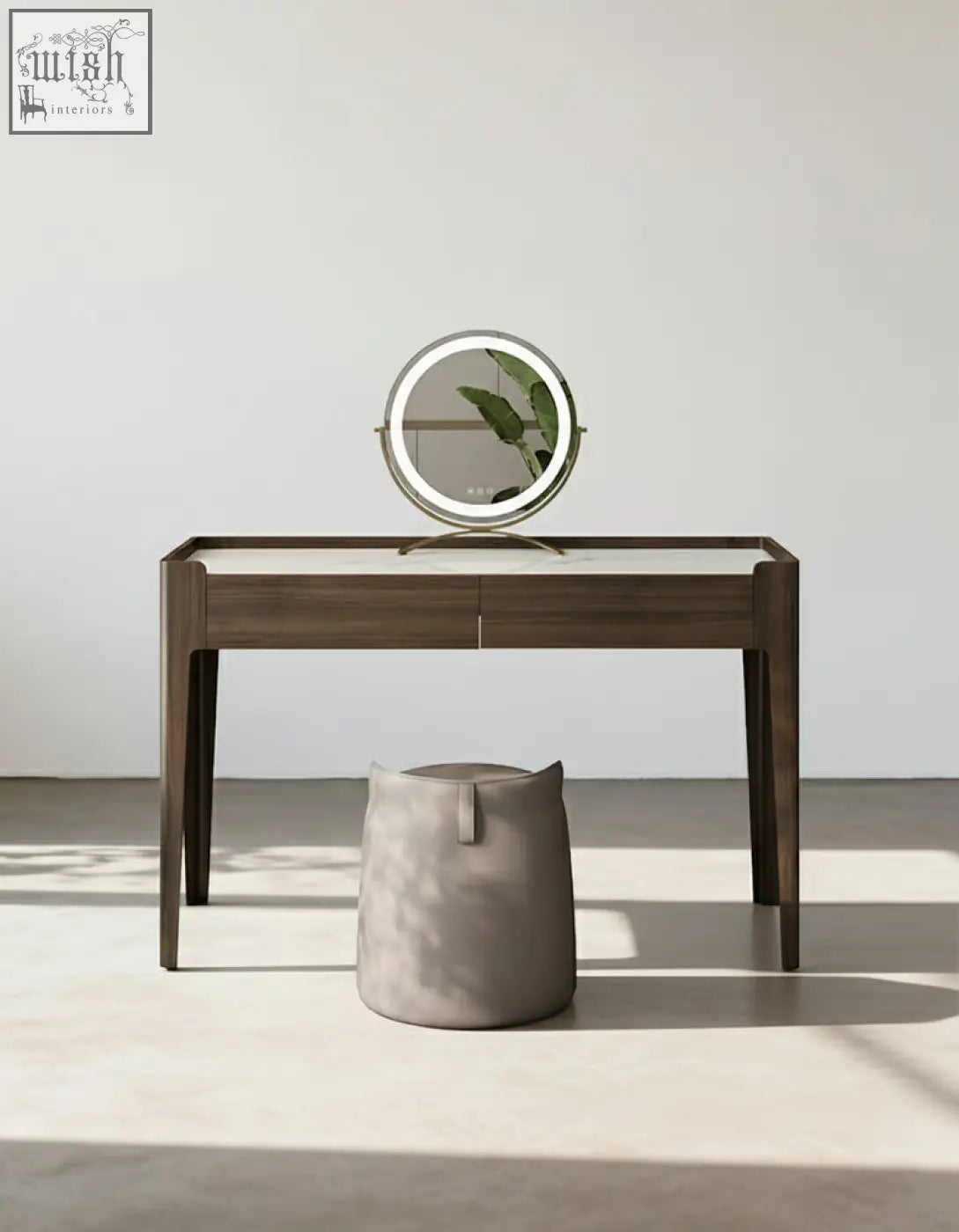 Circular vanity mirror with illuminated led ring and minimalist metal frame on sintered stone dressing table shipping cost info