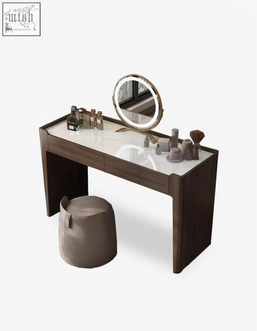 Modern dark wood dressing table with sintered stone marble top and illuminated circular mirror offer financing available