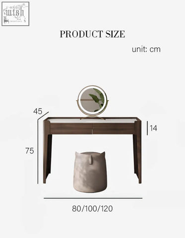 Modern dark wood dressing table with round mirror sintered stone top and matching cat-shaped ottoman offer financing