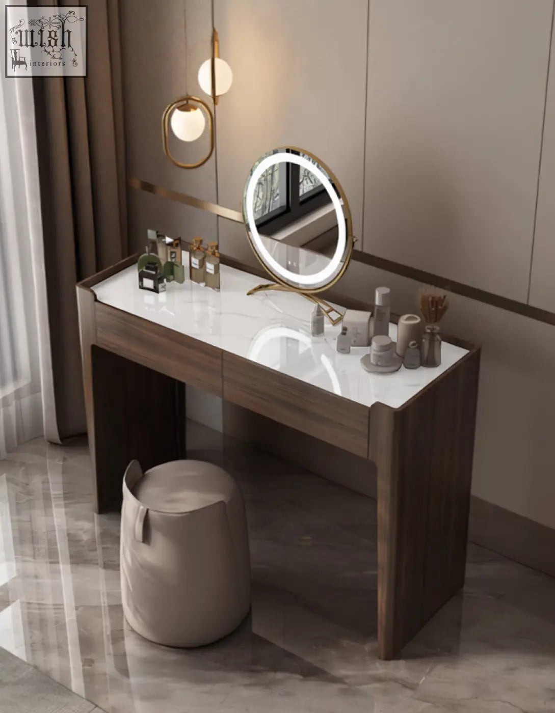 Modern round vanity mirror with gold frame and led lighting on sintered stone dressing table with low shipping cost