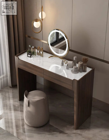 Modern round vanity mirror with gold frame and led lighting on sintered stone dressing table with low shipping cost