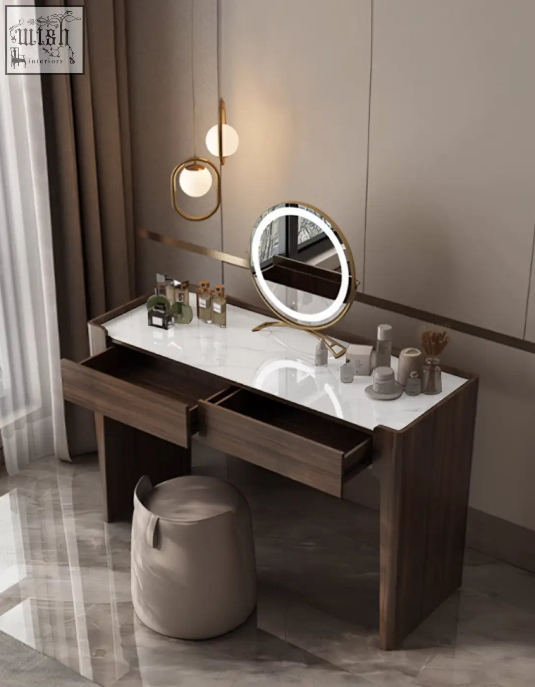 Hatcher dressing table with mirror features a white sintered stone top dark wood frame and gold-toned accents with low shipping cost
