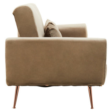 Beige velvet armchair with copper legs perfect match for hatton mink velvet sofa bed in mink velvet sofa style