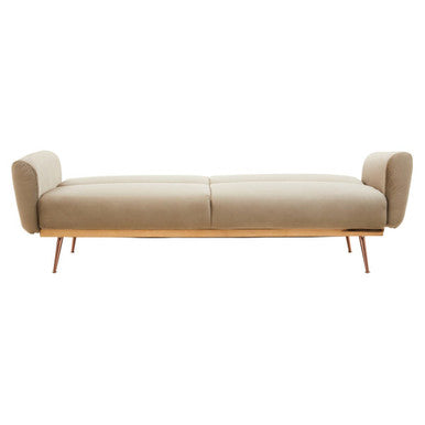 Beige hatton mink velvet sofa bed with rounded armrests and slender metal legs for stylish comfort
