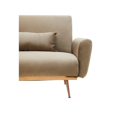 Beige hatton mink velvet sofa bed with sleek gold-tone metal legs and a matching cushion cozy and stylish mink velvet sofa
