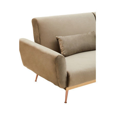 Beige hatton mink velvet sofa bed with sleek gold-tone metal legs and matching cushion in mink velvet upholstery