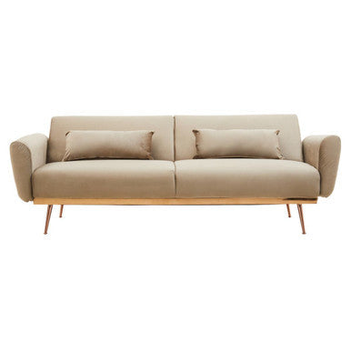 Beige hatton mink velvet sofa bed with wooden legs and matching cushions in soft mink velvet upholstery