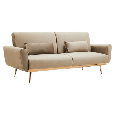 Beige hatton mink velvet sofa bed with wooden legs and matching throw pillows in mink velvet upholstery