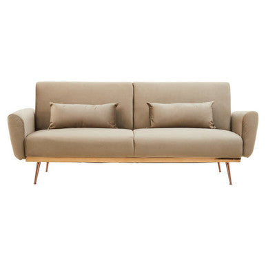 Beige hatton mink velvet sofa bed with wooden legs and two matching mink velvet throw pillows