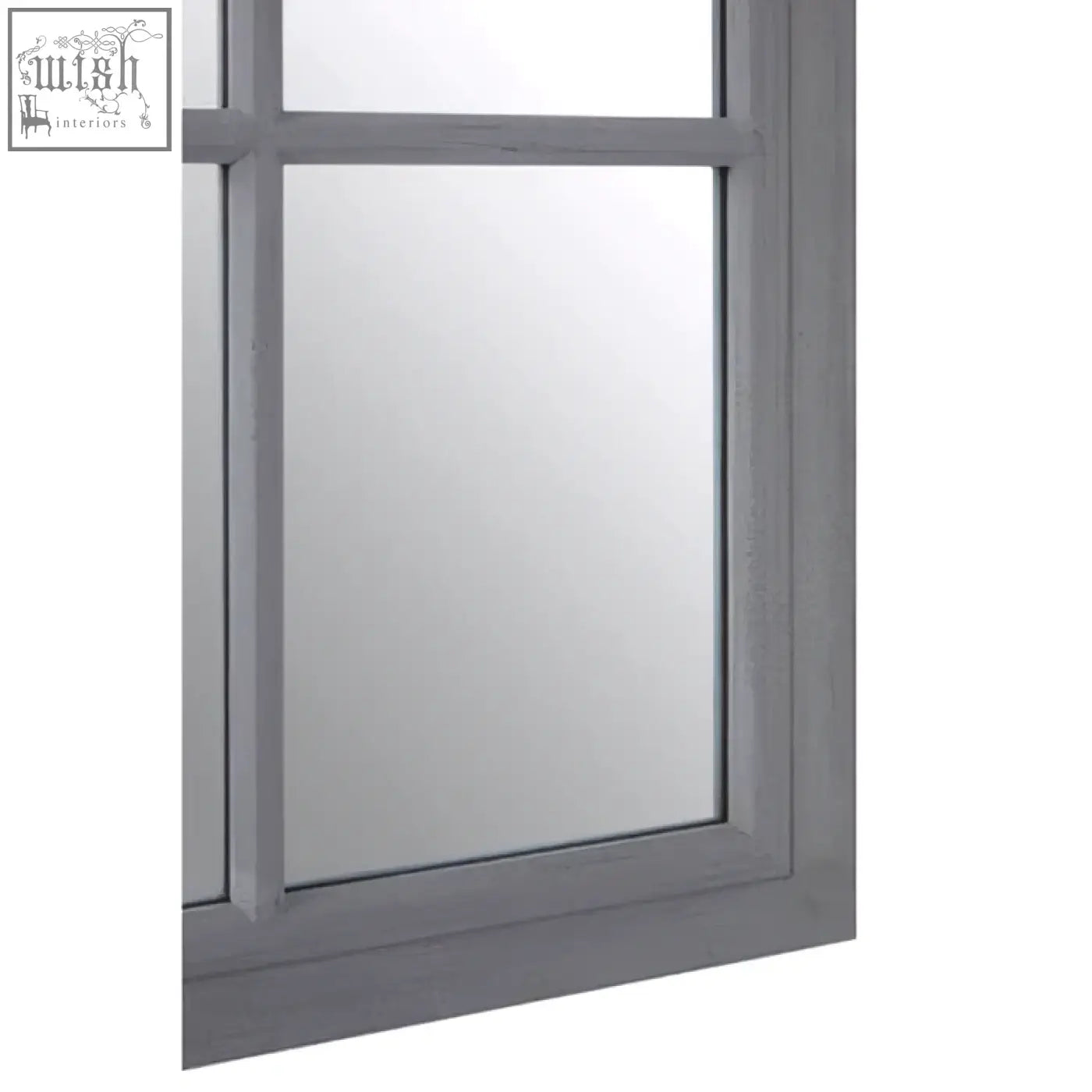 Gray framed wall mirror with classic six-pane window design in antique grey finish wooden grid style
