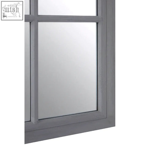 Gray framed wall mirror with classic six-pane window design in antique grey finish wooden grid style