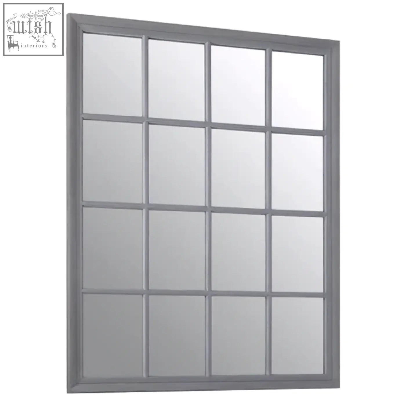 Gray framed grid wall mirror with twelve rectangular panes in hawthorne antique grey finish wooden design