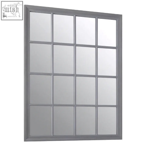 Gray framed grid wall mirror with twelve rectangular panes in hawthorne antique grey finish wooden design