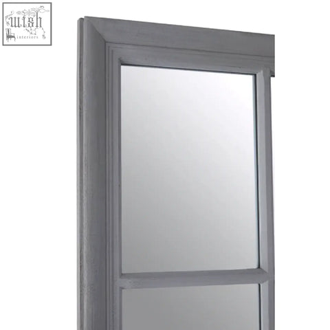 Gray framed wooden grid wall mirror with antique grey finish and two horizontal dividers in rustic style