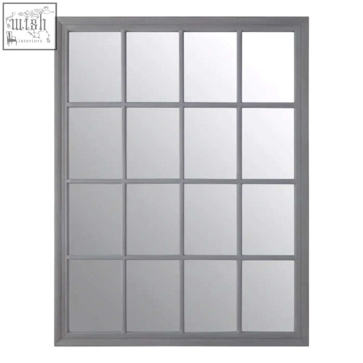 Gray metal-framed wall mirror with a grid of 16 square panes in antique grey finish wooden style