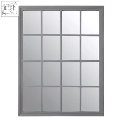 Gray metal-framed wall mirror with a grid of 16 square panes in antique grey finish wooden style