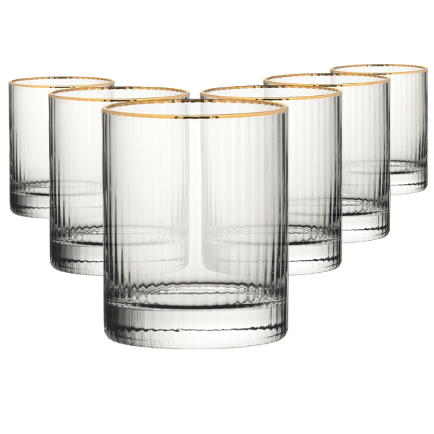 Clear glass whisky tumblers with gold rim and vertical ribbed texture hayworth gold rimmed dof set of 6