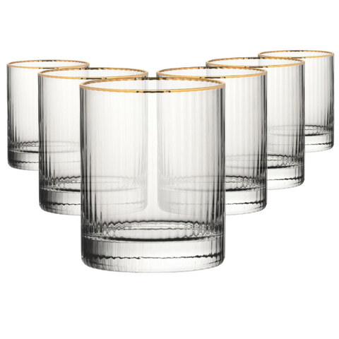Clear glass whisky tumblers with gold rim and vertical ribbed texture hayworth gold rimmed dof set of 6