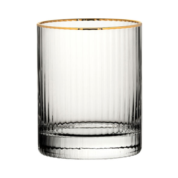 Clear glass Hayworth whisky tumbler with vertical ridges and a stylish gold rim, 320ml set of 6
