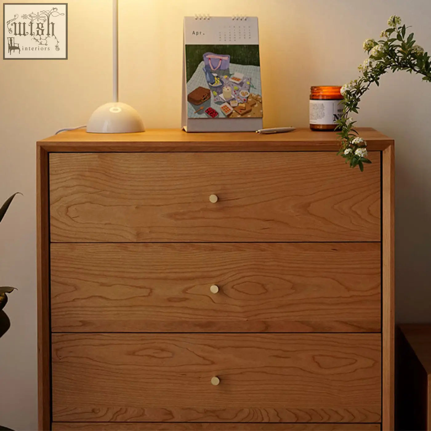 Hazel cabinet solid wood dresser with three drawers light brown finish and round off-white knobs to clean with damp cloth