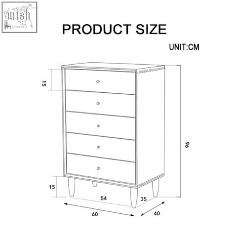 Hazel cabinet solid wood chest of drawers with five sleek drawers and tapered legs easy to clean with damp cloth