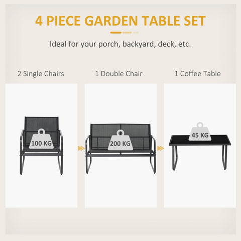Outsunny 4 Piece Garden Furniture Set Outdoor Patio Sofa Set with Double Chair, Single Chairs and Glass Top Table for Terrace and Balcony, Black