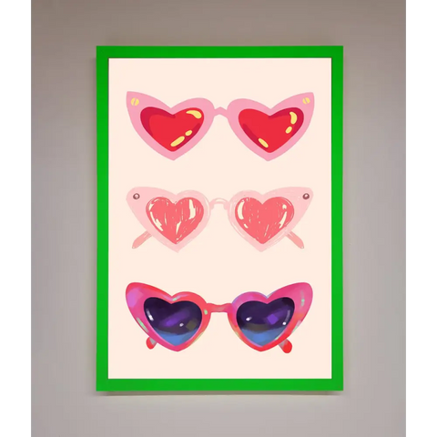 Heart Sunglasses Framed Poster - A3 (29.7 x 42 cm) / Neon Dark Green - Framed Print