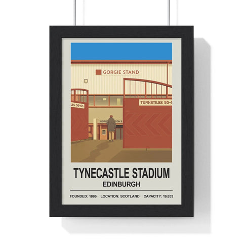 Black-framed poster print featuring a stylized red and beige illustration of tynecastle stadium edinburgh entrance