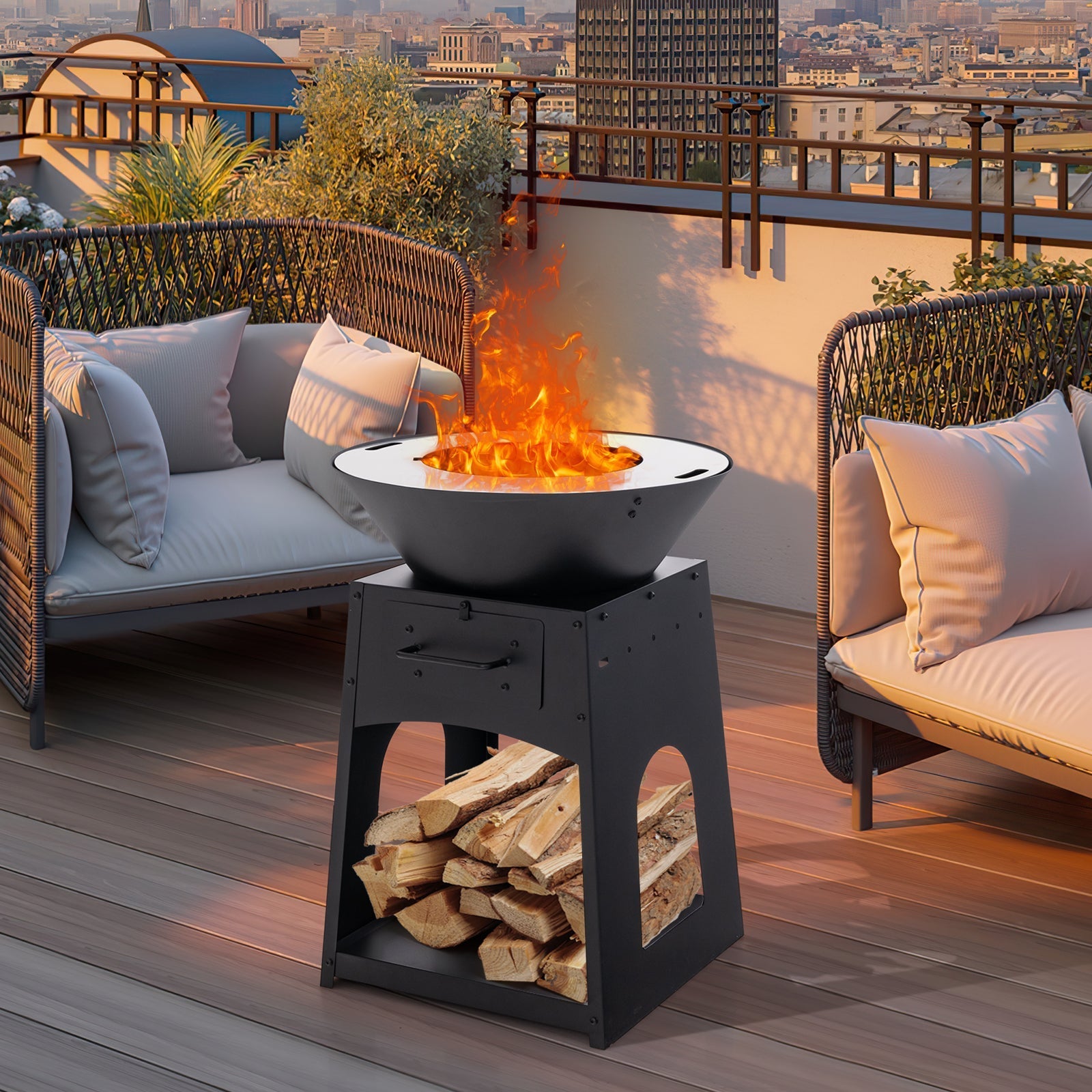 Black metal heavy duty fire pit with bowl burner stacked logs firewood rack and fire poker made of premium galvanized metal