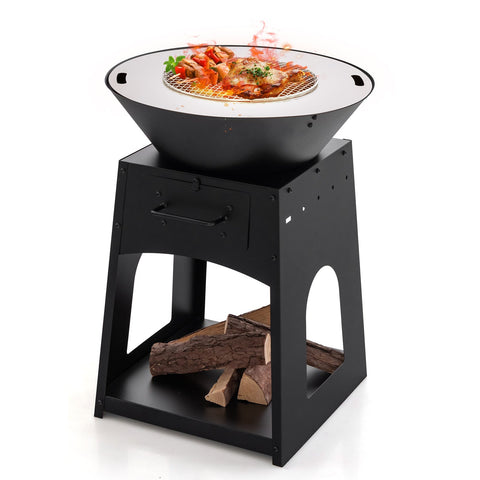 Black heavy duty fire pit grill with round cooking surface firewood rack and fire poker made of premium galvanized metal