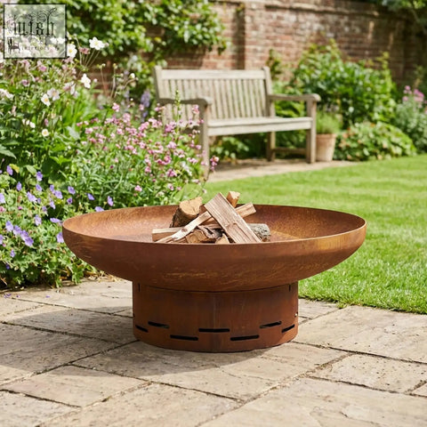 Rustic copper-colored corten steel nicoman heavy-duty pre-rusted corten steel round firepit with stacked logs and perforated base