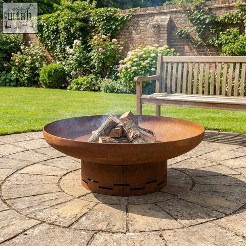 Rustic copper-colored nicoman heavy-duty pre-rusted corten steel round firepit with circular base and ventilation holes