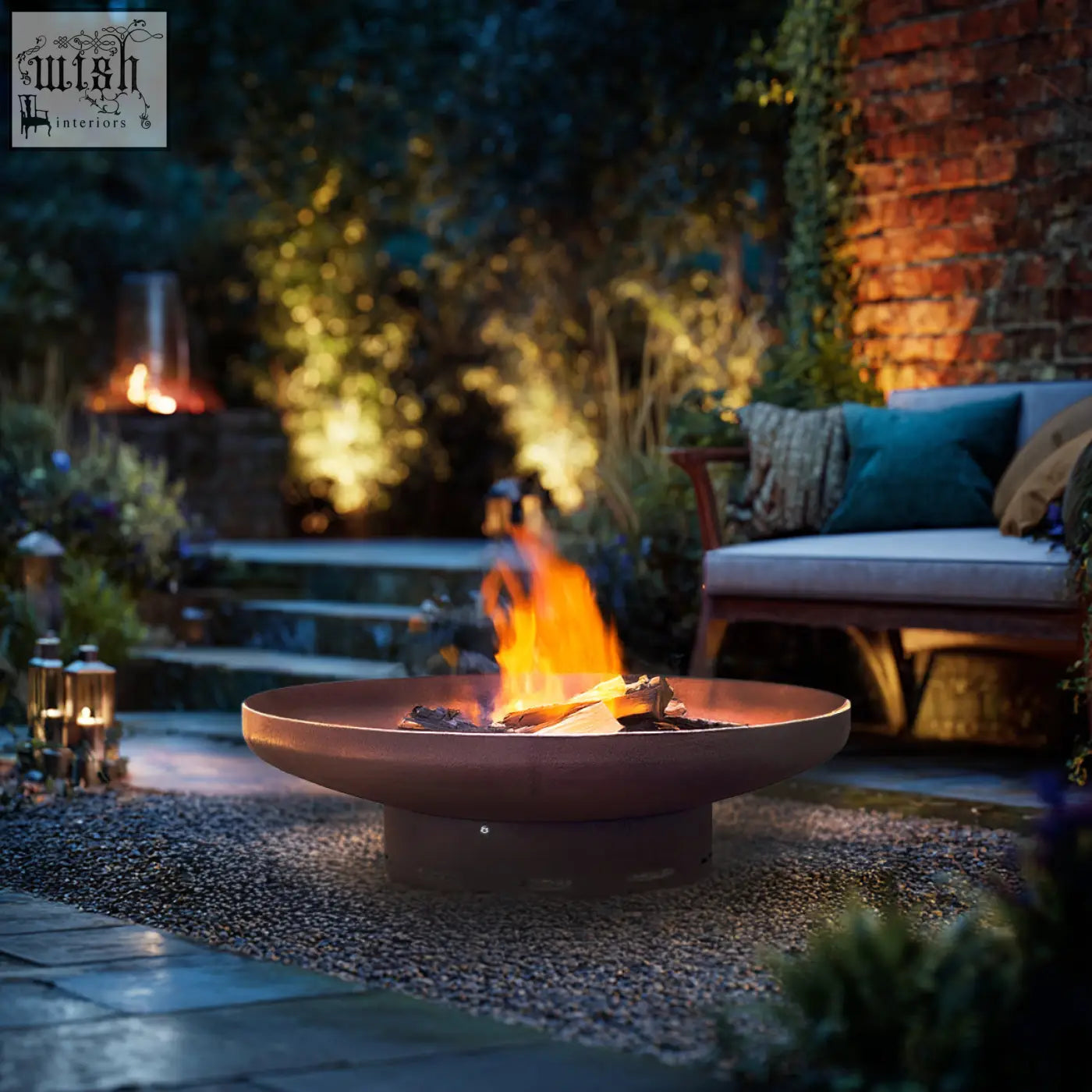 Rustic nicoman heavy-duty pre-rusted corten steel firepit with circular bowl design and warm orange flames inside